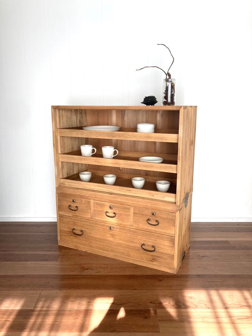 【メンテ済】アンティークの二段収納棚　上下分割可　総桐　食器棚　剥離無塗装