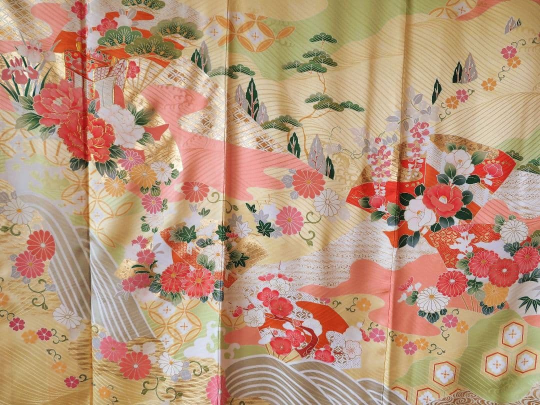 5200 振袖フルセット　正絹黄イエロー　成人式結婚式卒業式 古典御所車