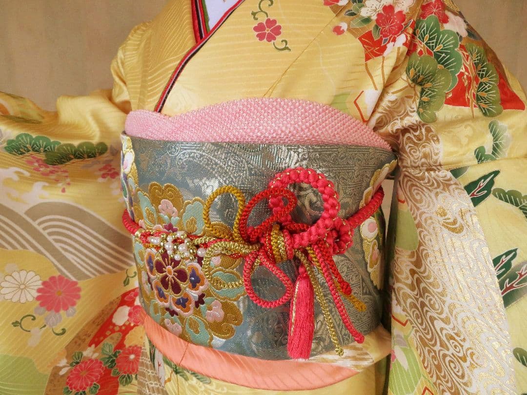 5200 振袖フルセット　正絹黄イエロー　成人式結婚式卒業式 古典御所車