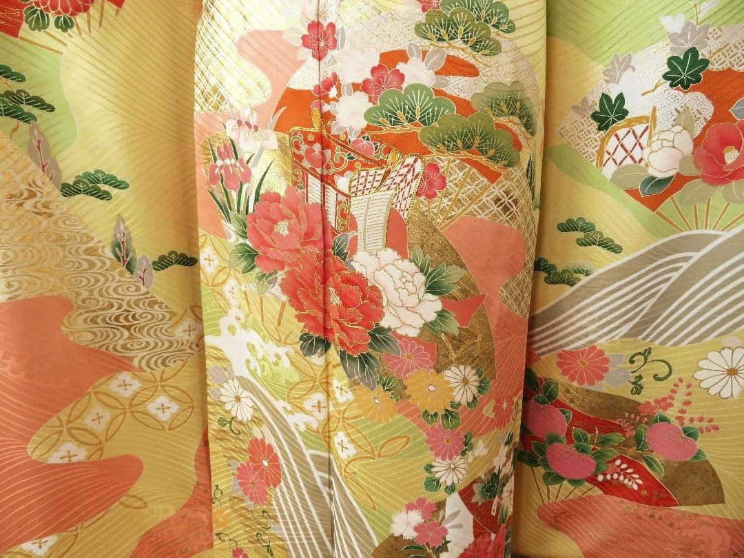 5200 振袖フルセット　正絹黄イエロー　成人式結婚式卒業式 古典御所車