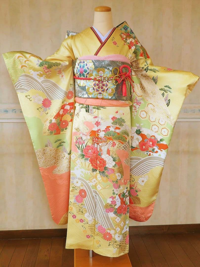 5200 振袖フルセット　正絹黄イエロー　成人式結婚式卒業式 古典御所車