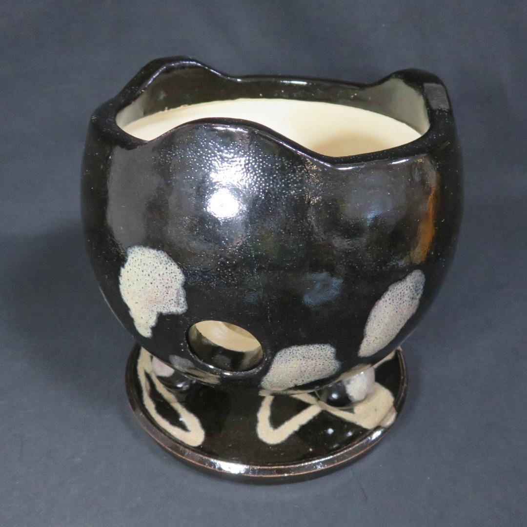 七輪 炭火 一人 火鉢 手あぶり 銘 光 陶板付き 民藝 黒 白 水玉