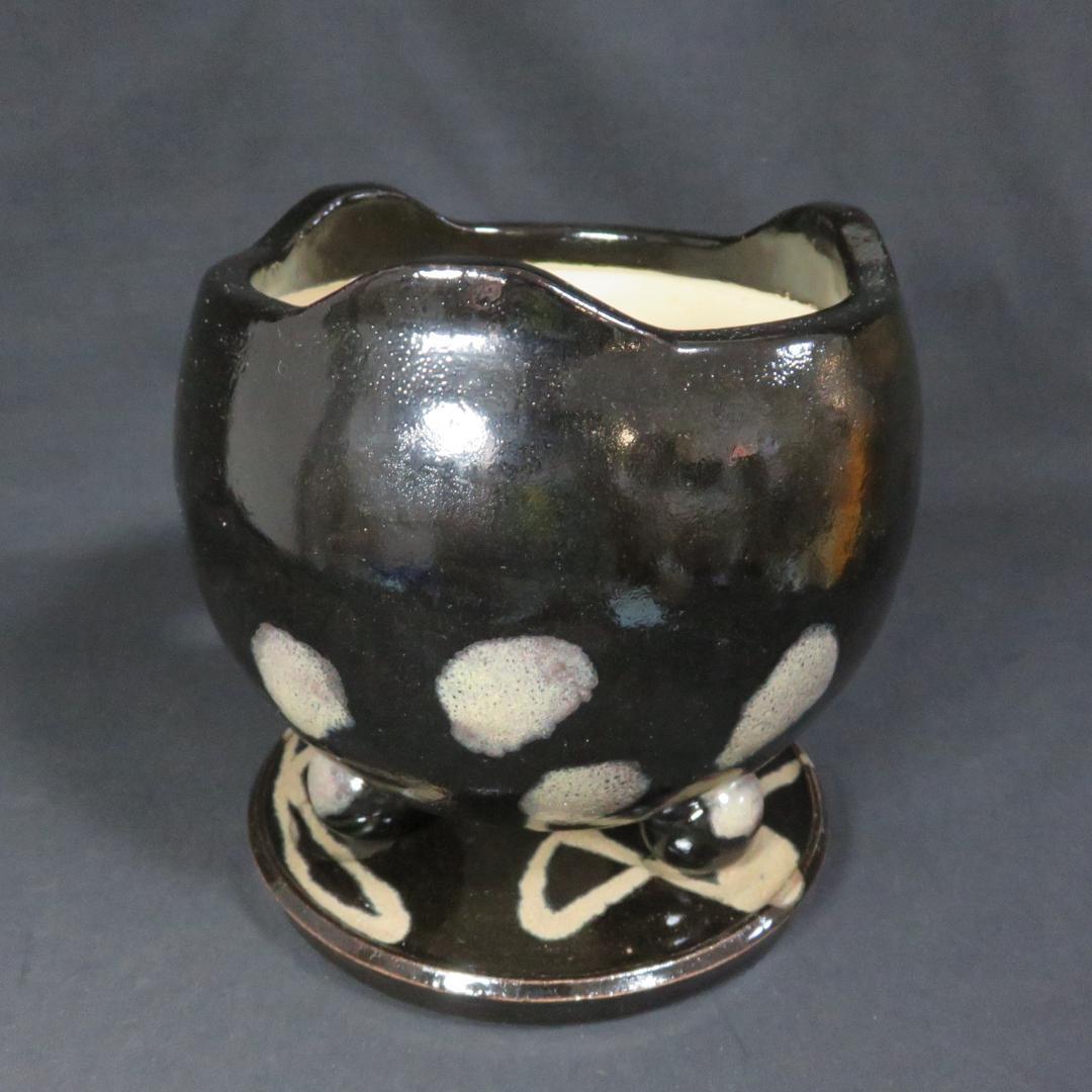 七輪 炭火 一人 火鉢 手あぶり 銘 光 陶板付き 民藝 黒 白 水玉