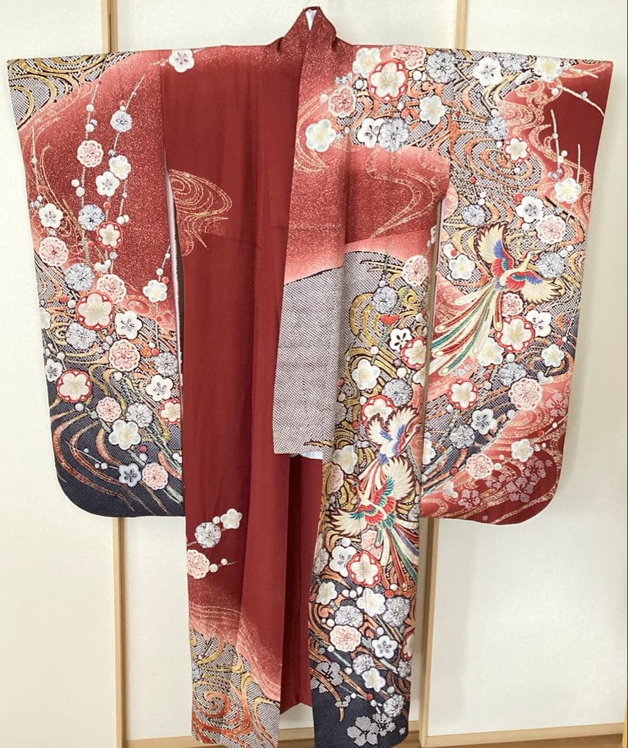 m*9様 美しい　振袖　着物　赤　鳳凰　絞り　15枚目の帯、緑帯締め帯揚げ、襟、