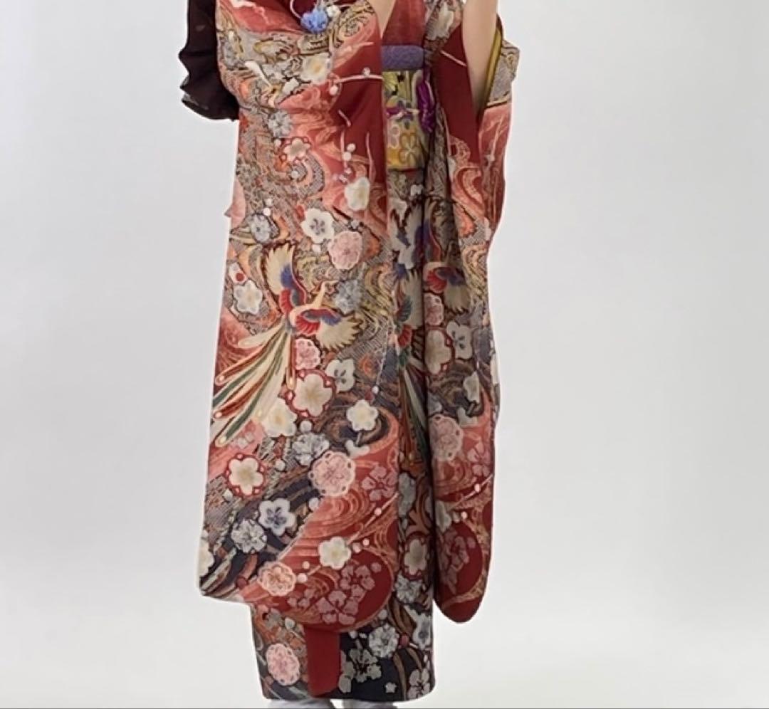 m*9様 美しい　振袖　着物　赤　鳳凰　絞り　15枚目の帯、緑帯締め帯揚げ、襟、