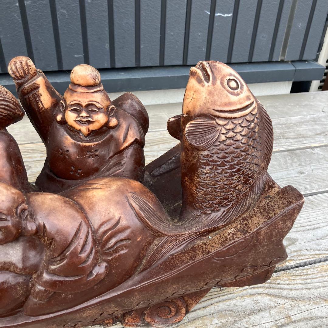 昭和レトロ 精密彫刻 大型 七福神 龍の船 宝船 縁起物 開運 置物 オブジェ