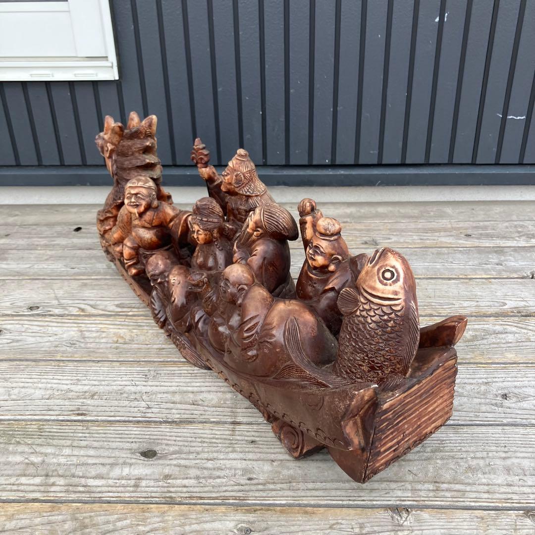 昭和レトロ 精密彫刻 大型 七福神 龍の船 宝船 縁起物 開運 置物 オブジェ