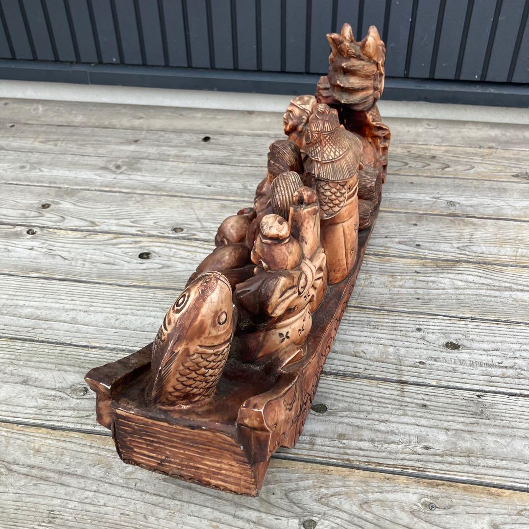 昭和レトロ 精密彫刻 大型 七福神 龍の船 宝船 縁起物 開運 置物 オブジェ