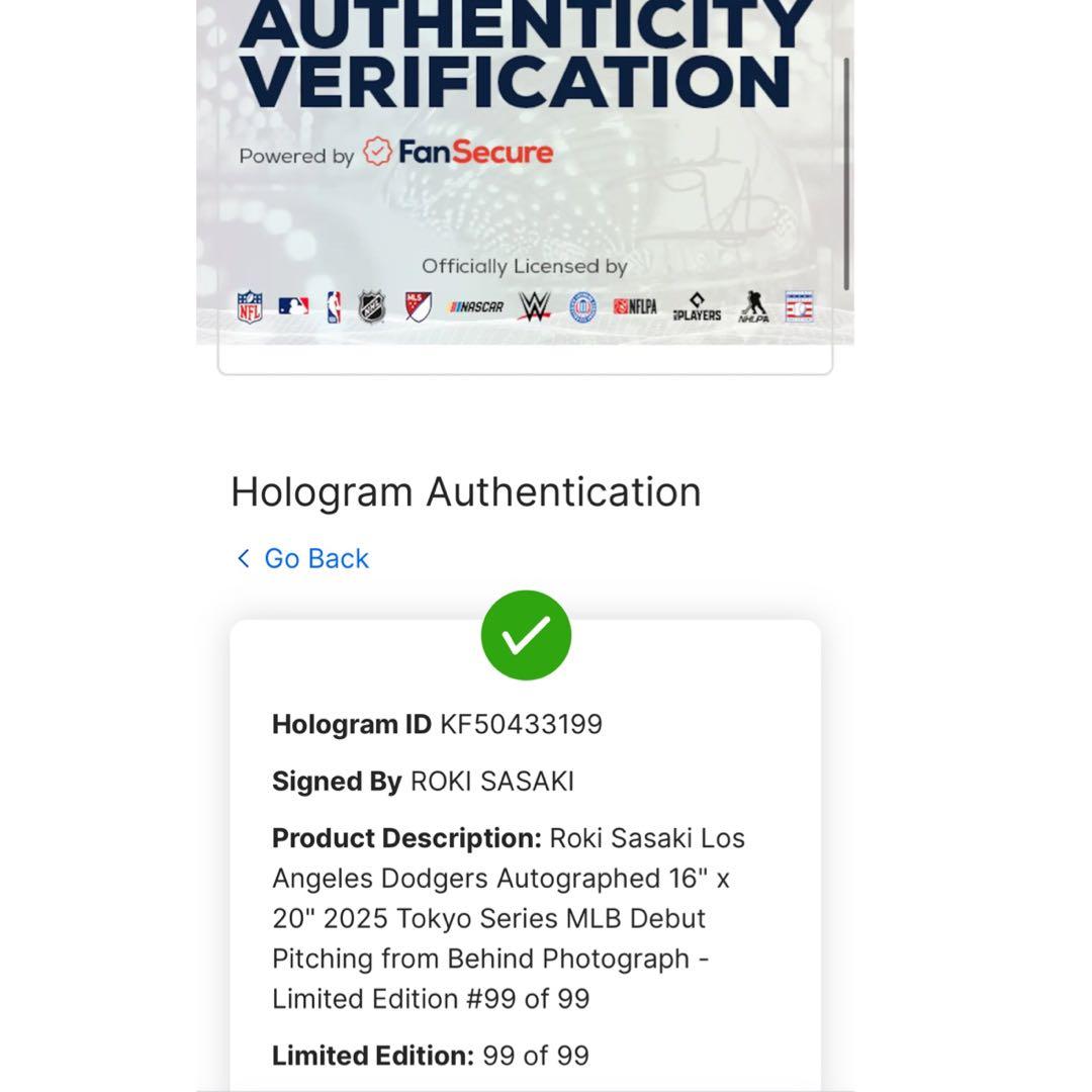 正規品！佐々木朗希 直筆サイン フォト MLB Fanatics ホログラム