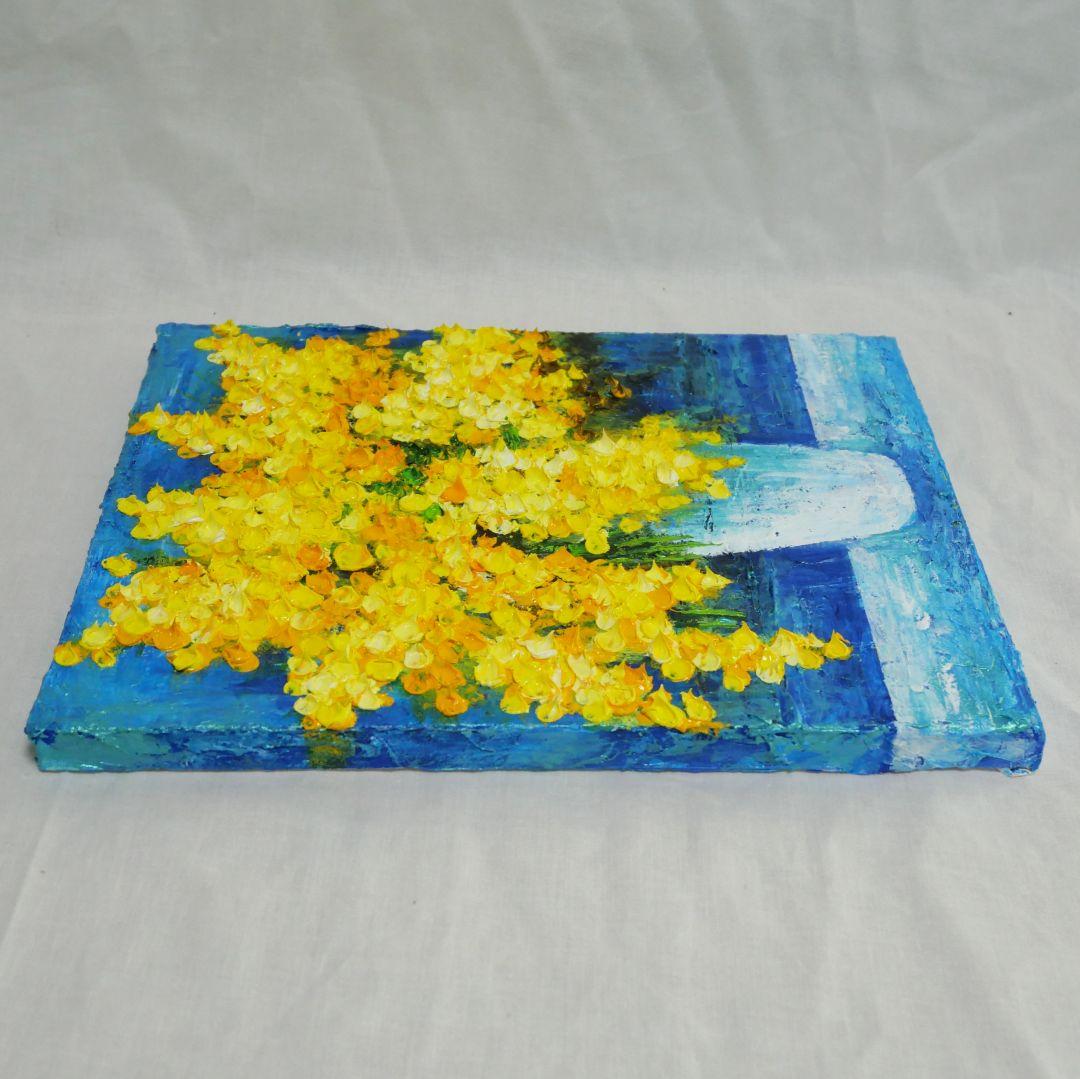 油絵 油彩 油彩画 絵 絵画 【青い背景のミモザ】