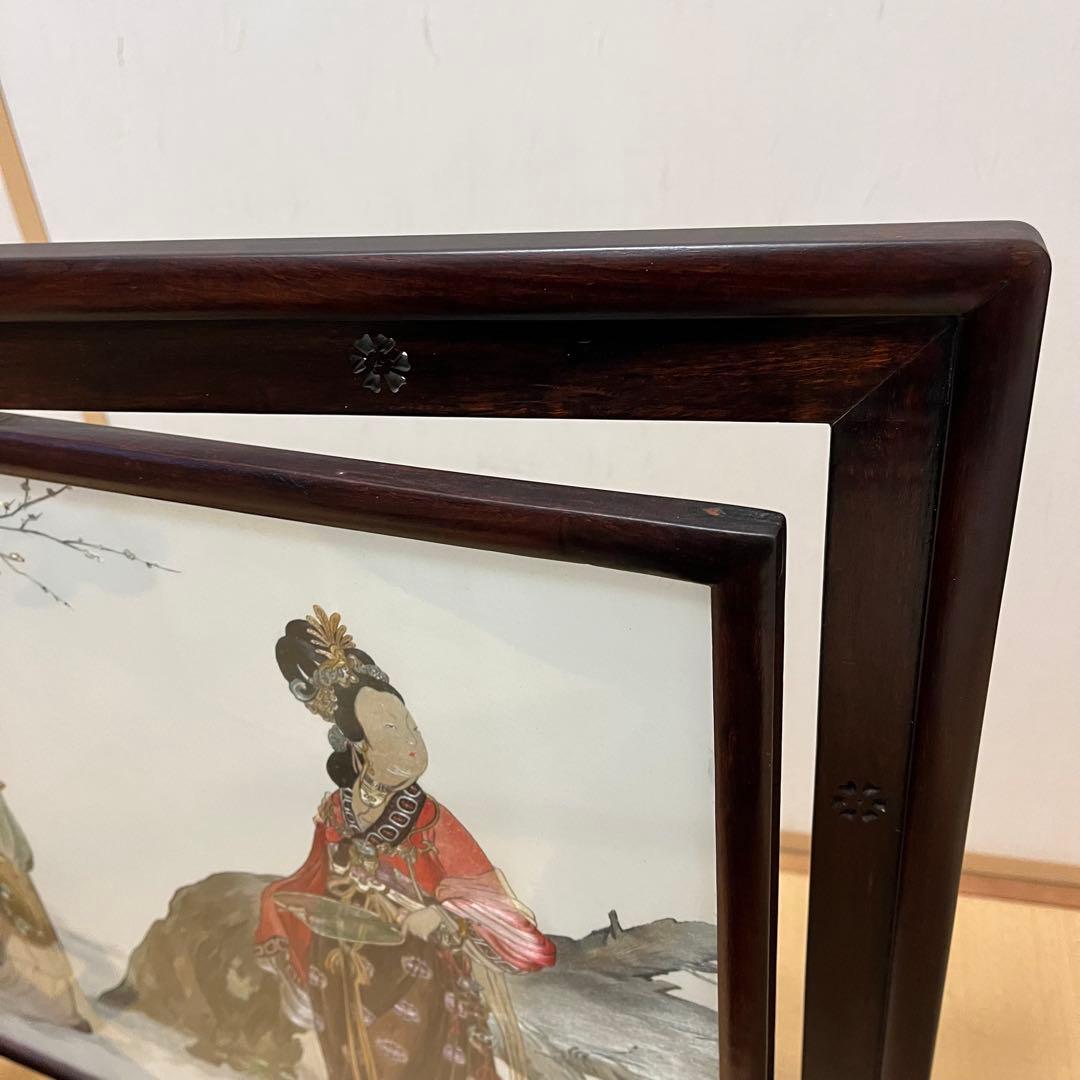 中国 手刺繍 仕女図 回転式 両面屏風 木製枠 ガラス入 大型 高級中国工芸品