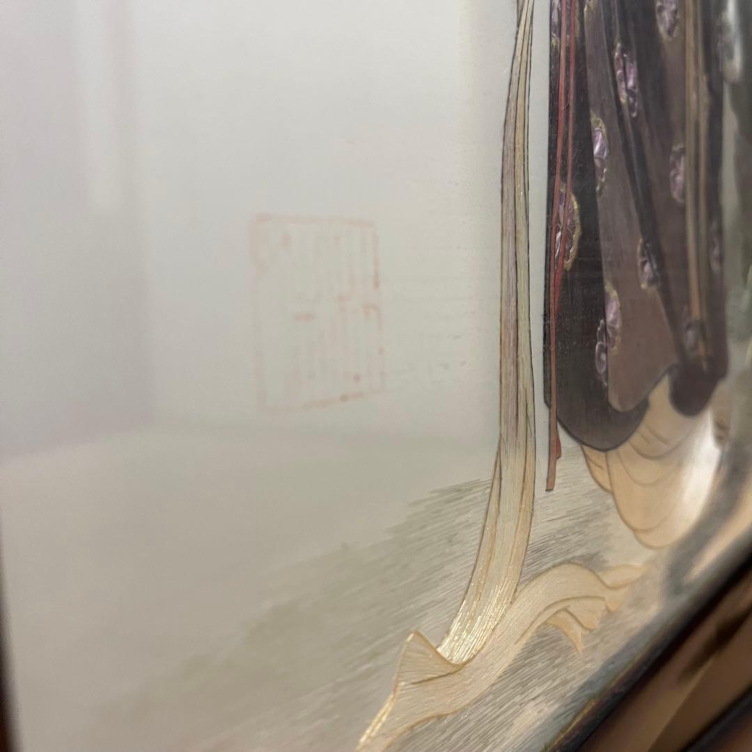 中国 手刺繍 仕女図 回転式 両面屏風 木製枠 ガラス入 大型 高級中国工芸品