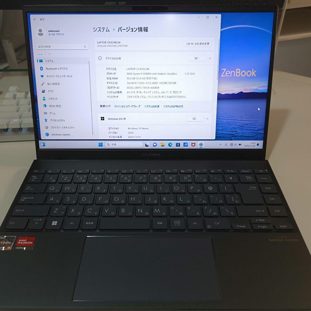 Windowsノート本体 Asus Zenbook Ryzen9 5900HX 16GB SSD512GB