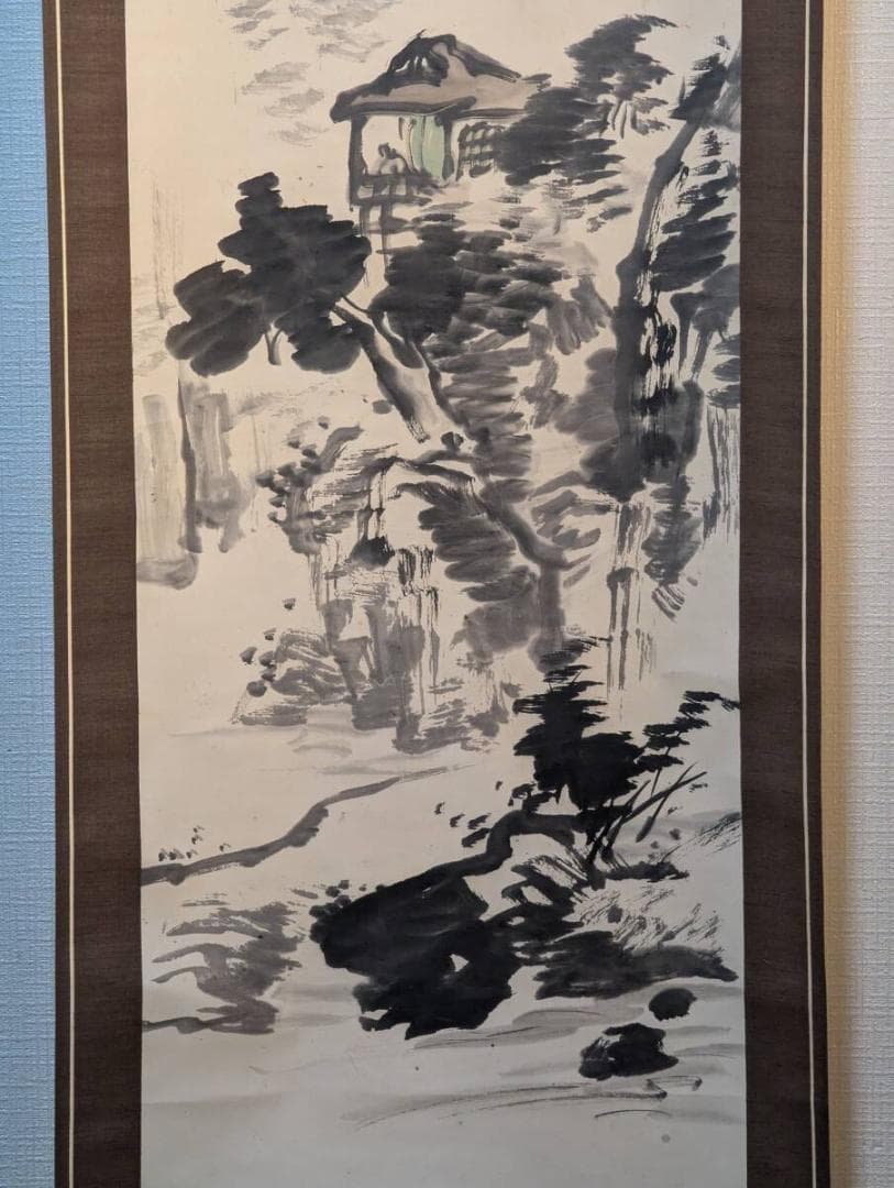 【真作】掛軸　中村不折　深山他舎図　墨彩山水　幽谷に佇む楼閣　共箱入　S168