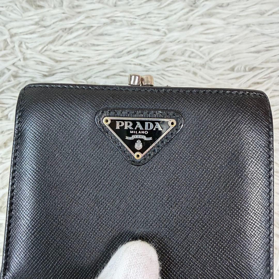 【極美品/希少 がま口】PRADA プラダ サフィアーノ 折り財布 三角ロゴ 黒