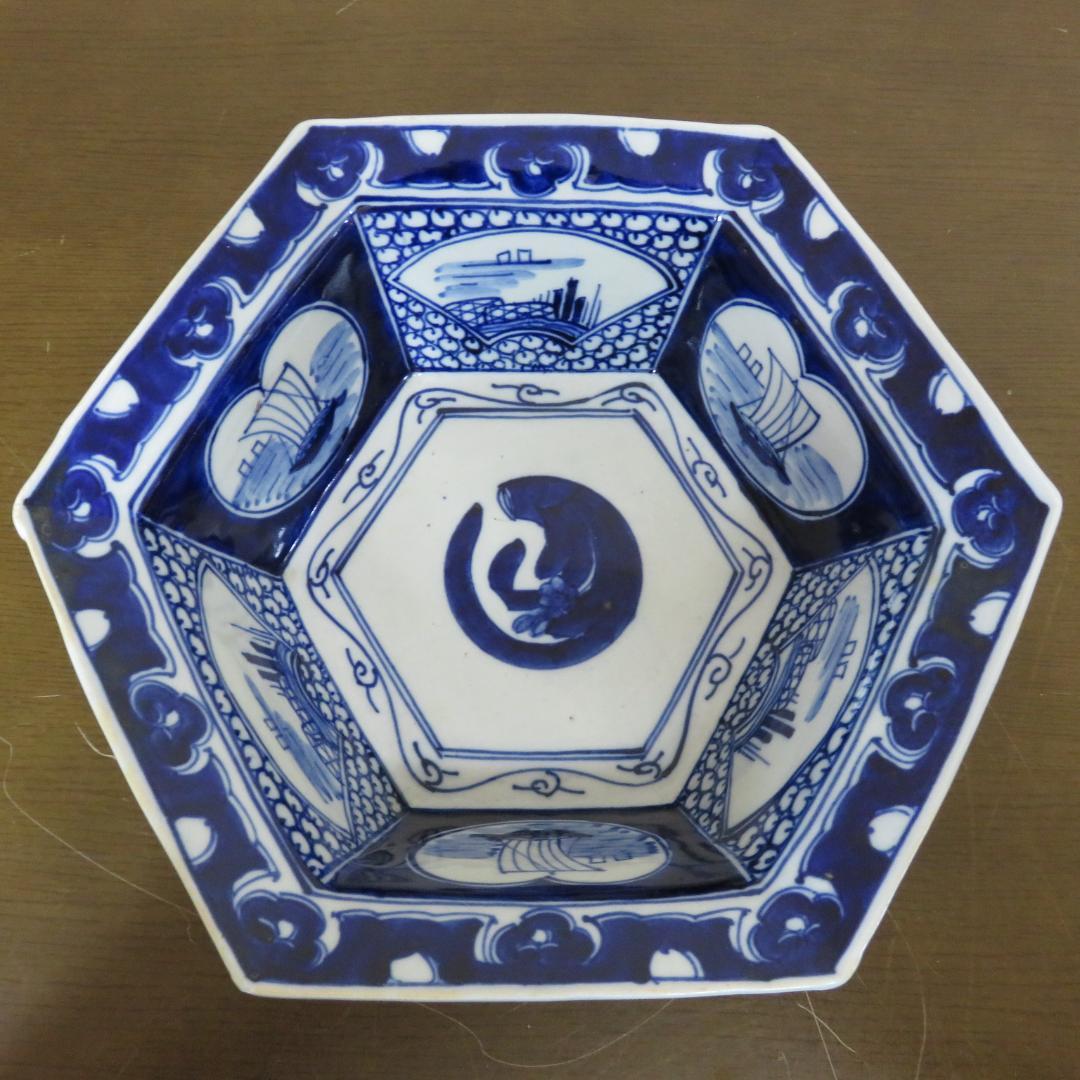 角鉢 丼 染付 古伊万里 蛇の目 帆掛け船 扇窓 印判