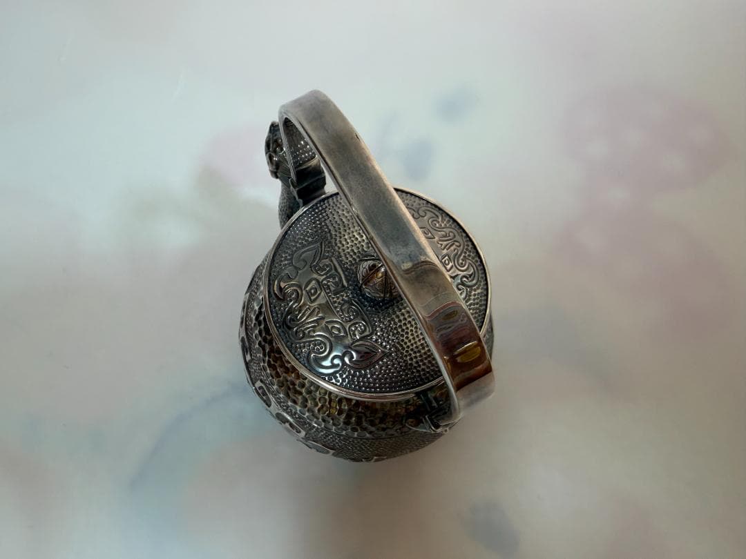 純銀製 饕餮文 獣口 湯沸 銀瓶 煎茶道具