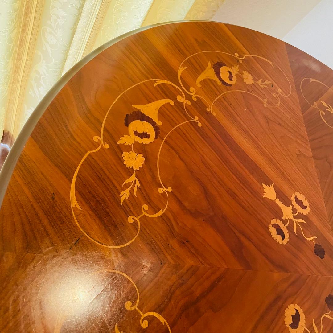 イタリア製 アンティーク調 象嵌 猫脚 丸型 ダイニングテーブル ラウンド 木