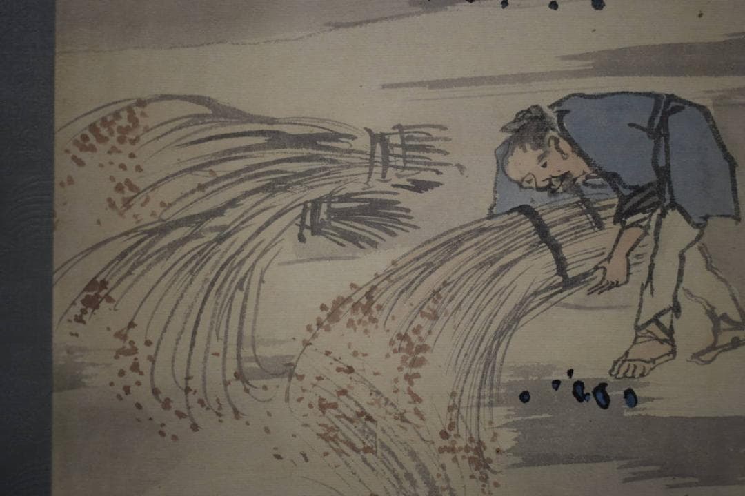 真作/景文/人物収穫図/農耕図/布袋屋掛軸HI-57