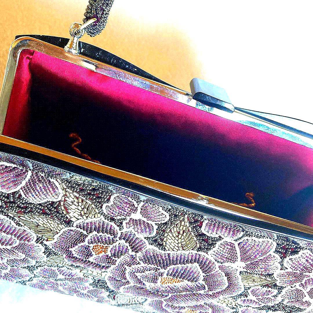 着物　ビーズバッグ　紫・花柄・椿カメリア・お稽古、観劇