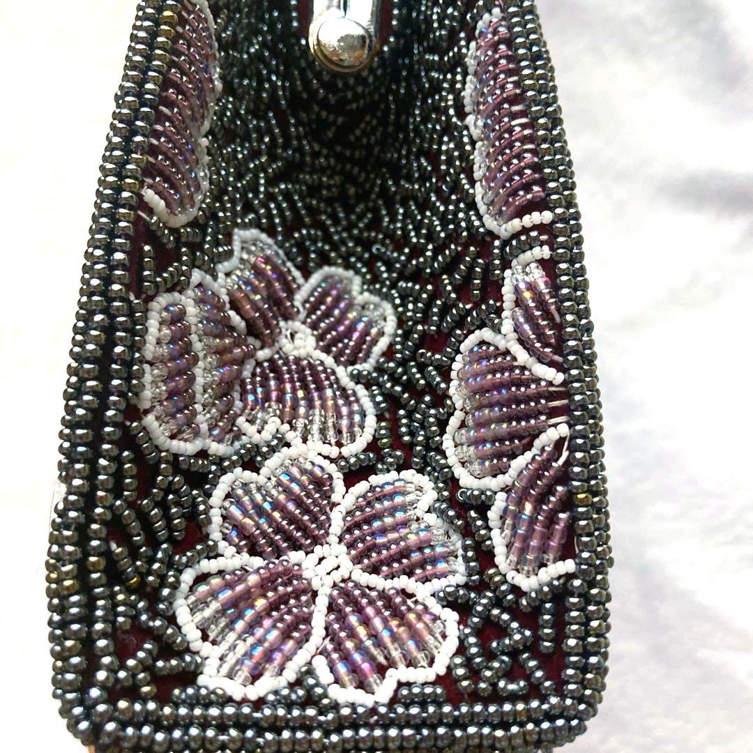 着物　ビーズバッグ　紫・花柄・椿カメリア・お稽古、観劇