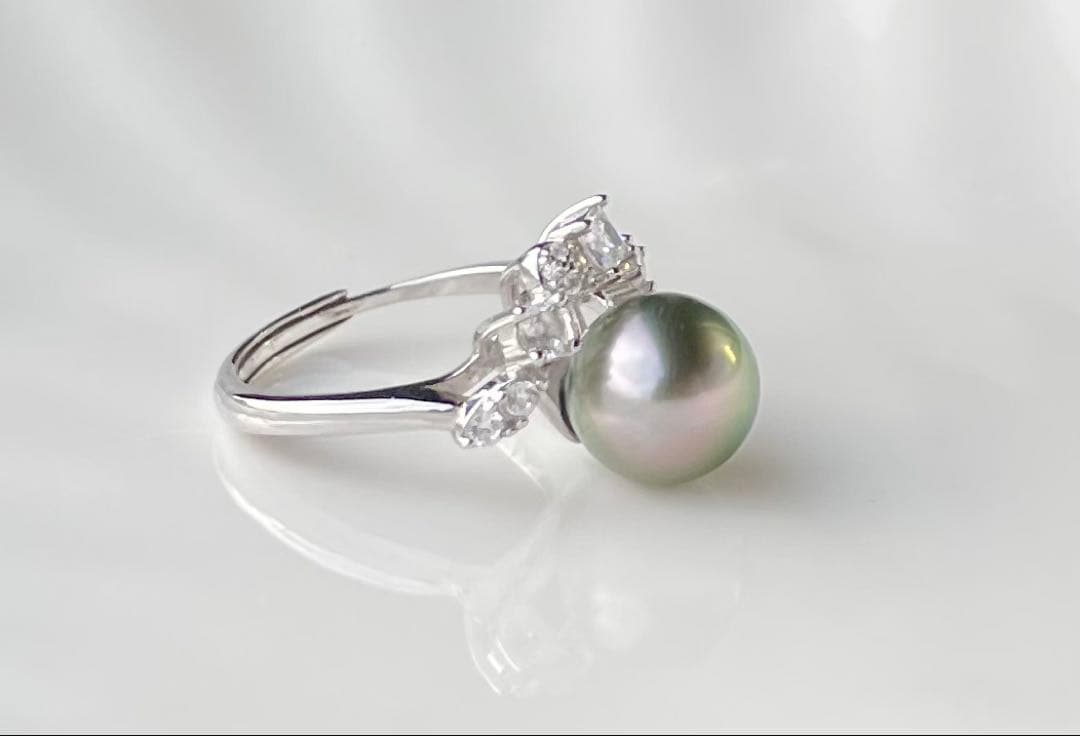 黒蝶真珠 タヒチ 南洋パール 月冠 リング 指輪 s925 ラウンド