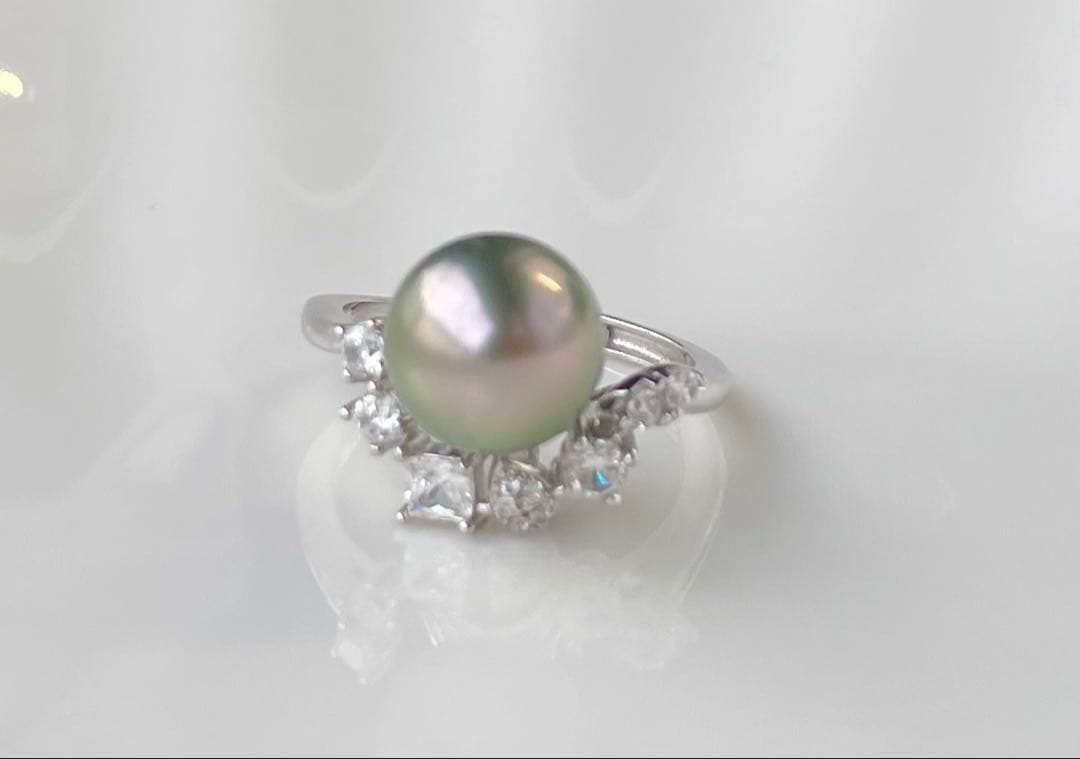 黒蝶真珠 タヒチ 南洋パール 月冠 リング 指輪 s925 ラウンド