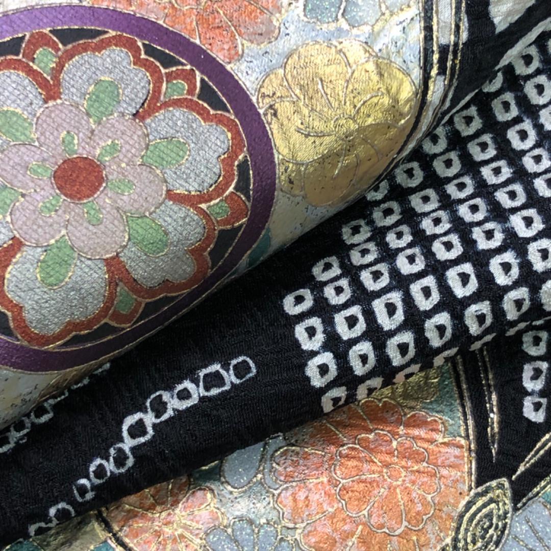 ☆ 振袖 総絞り 波模様に蝶々 花模様 菊 黒色 トールサイズ K-5454