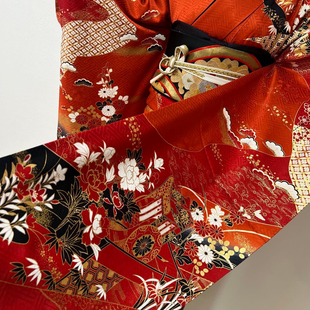 353 振袖フルセット 正絹 レッド 朱赤 赤 黒 金彩 駒刺繍 暈し染め 古典