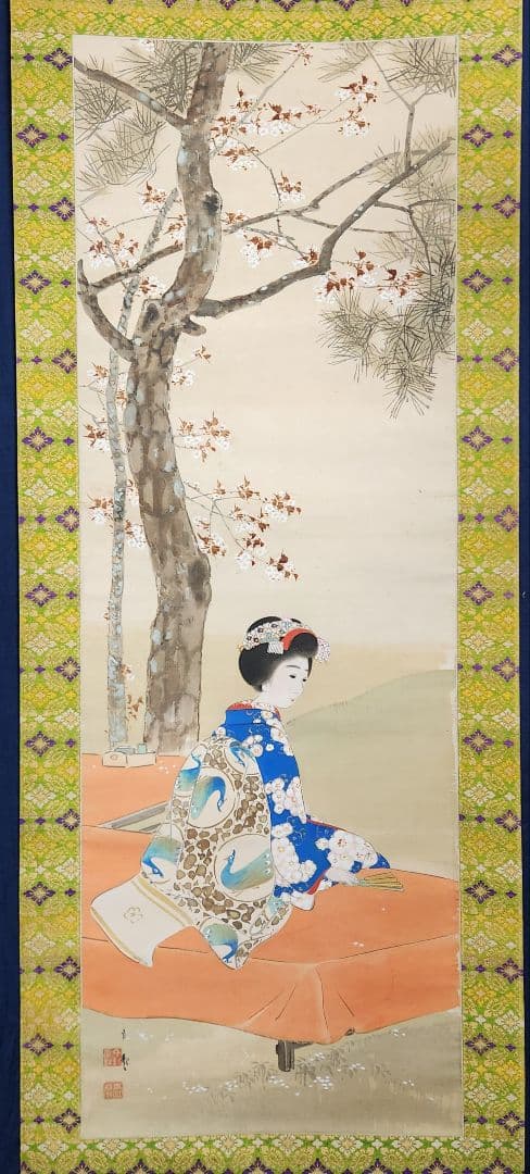 【桜下舞妓花見図】大江良起 736 掛け軸 肉筆