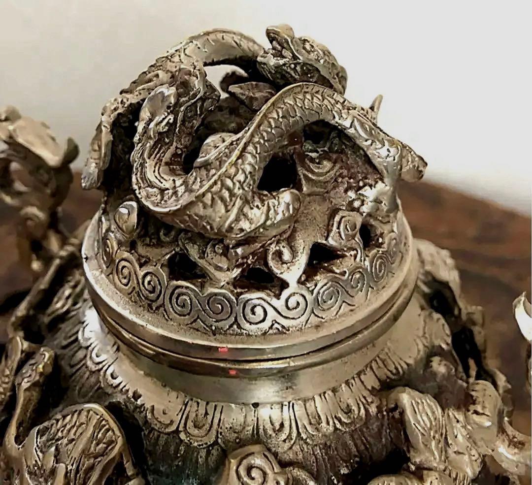 中国美術 乾隆年製 三脚 香呂 白銅 多龍紋刻