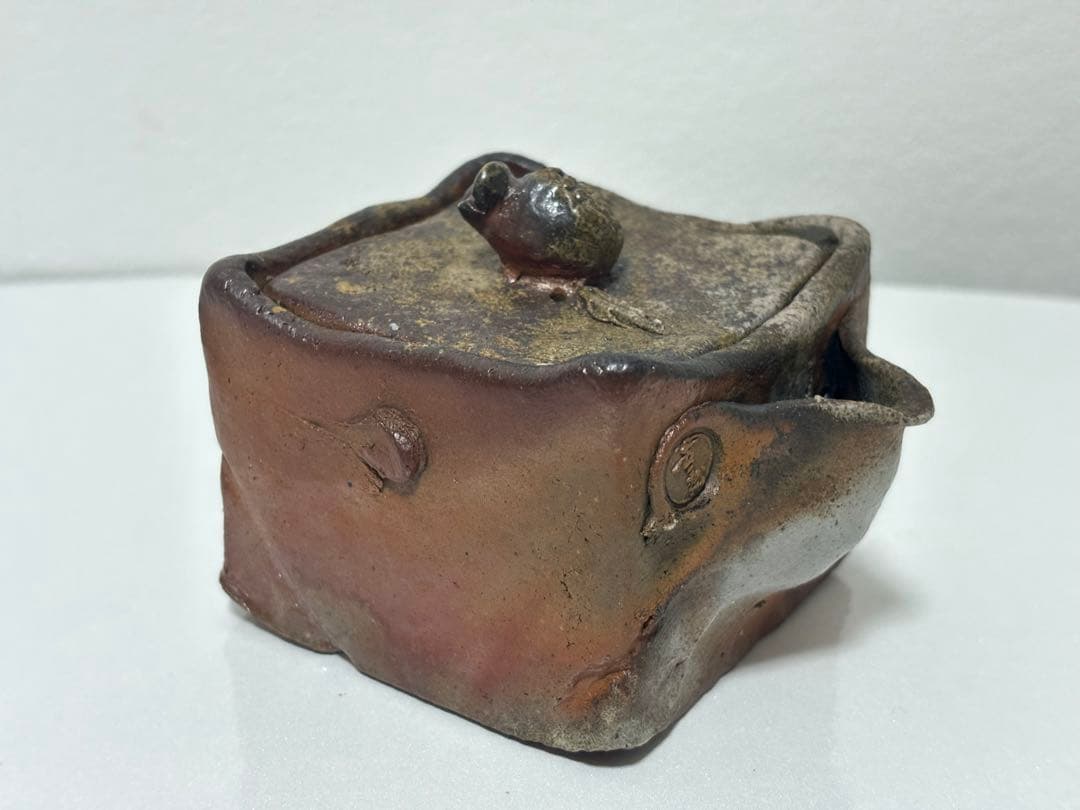 ⑭備前焼 宝瓶 登り窯 柘榴 ザクロ 4角 手びねり 急須