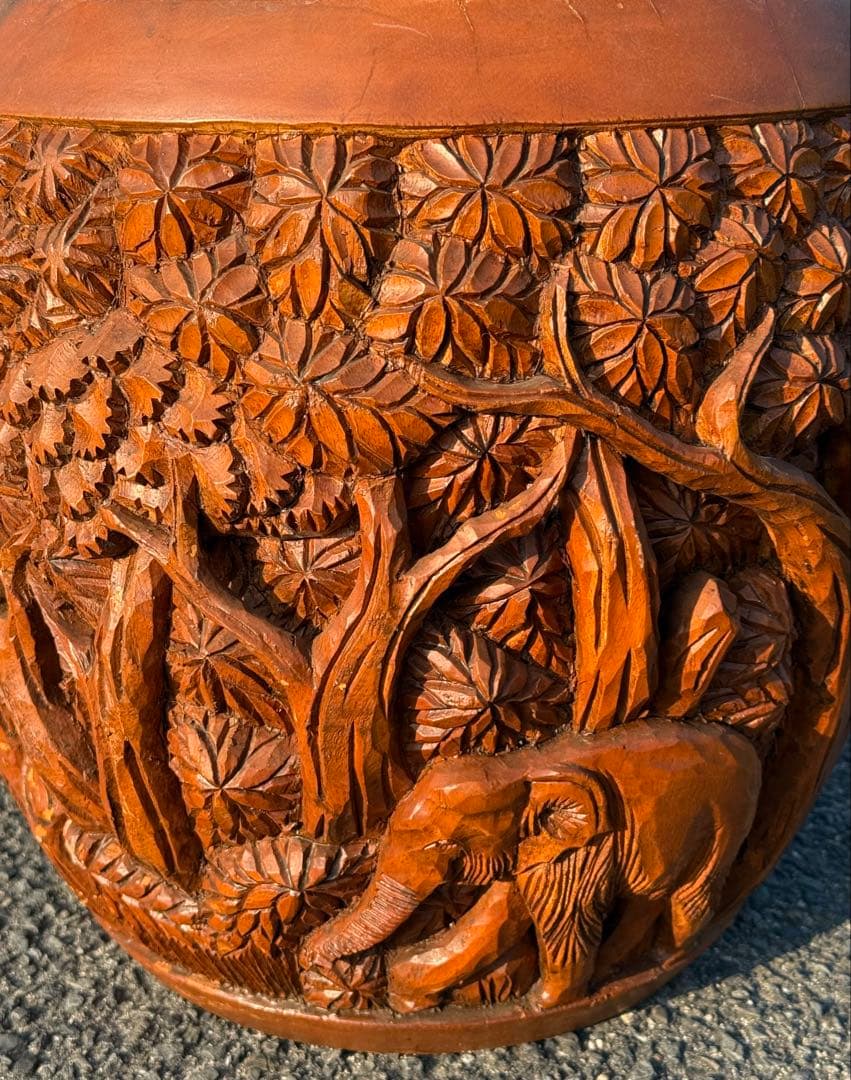 1点モノ♪一本彫 重量感♪ アンティーク スツール 収納樽 タイ ゾウ アジアン