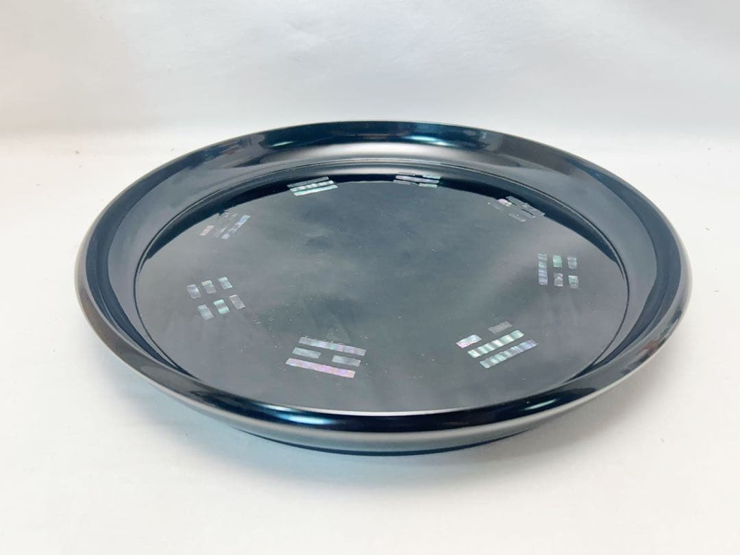 ほぼ未使用 茶道具 助田宗明木製黒塗 螺鈿細工 青貝 八卦盆 共箱