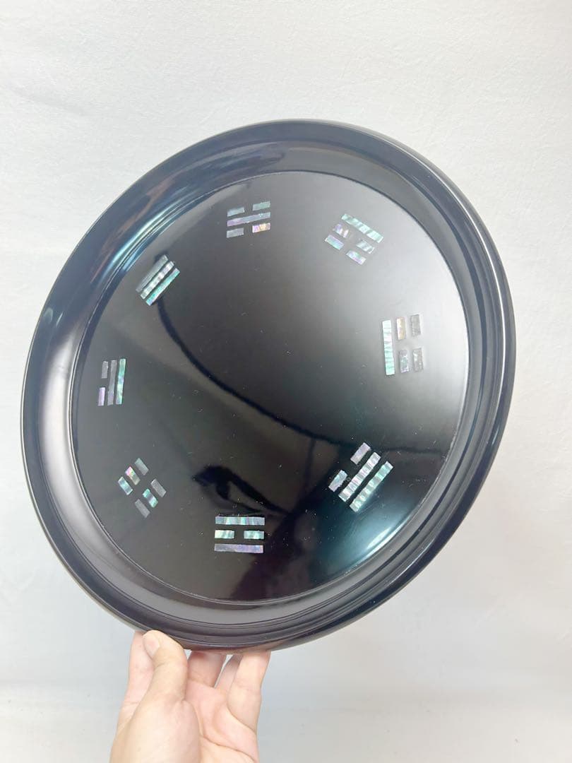 ほぼ未使用 茶道具 助田宗明木製黒塗 螺鈿細工 青貝 八卦盆 共箱