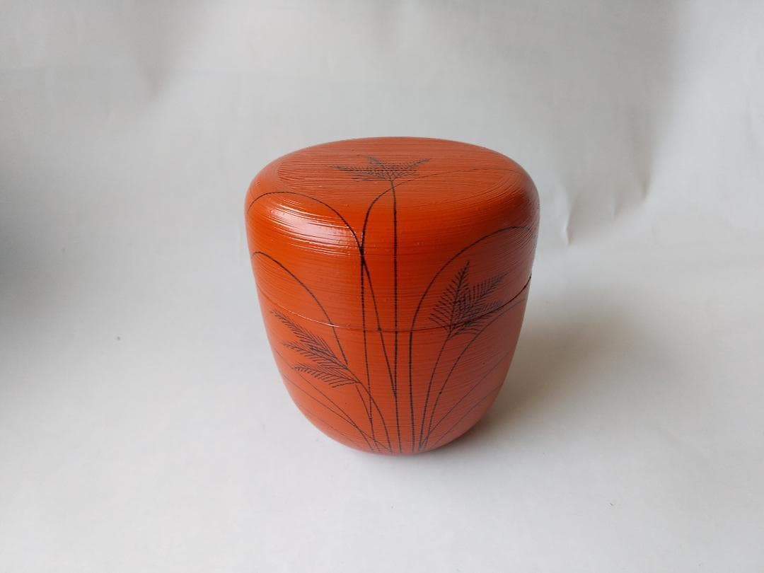 山中塗 蒔絵師 筑城筑良 作 朱刷毛目 ススキ 中棗 漆器 漆芸 棗 共箱 新品