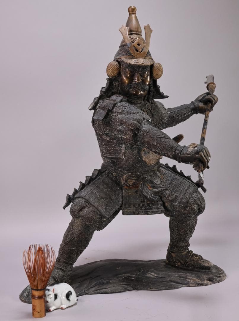 時代金工　明治期　ブロンズ像　銅製　武者　薙刀　置物　床飾　高55㎝　BK090