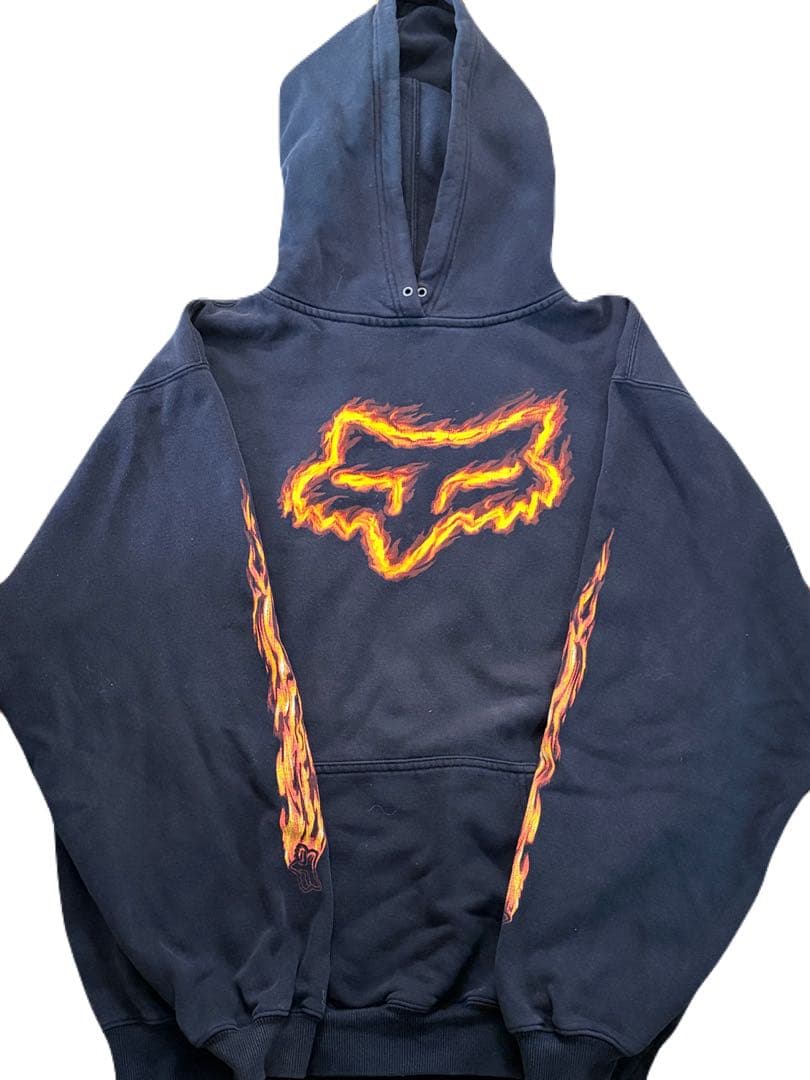 バ*ン様 Fox racing ファイヤーパターン　パーカー　フーディー　ブラッ