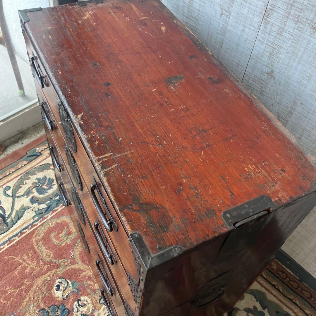 昭和レトロ 古家具 仙台箪笥 4段 引き出し箪笥 古家具 ビンテージ 団扇柄