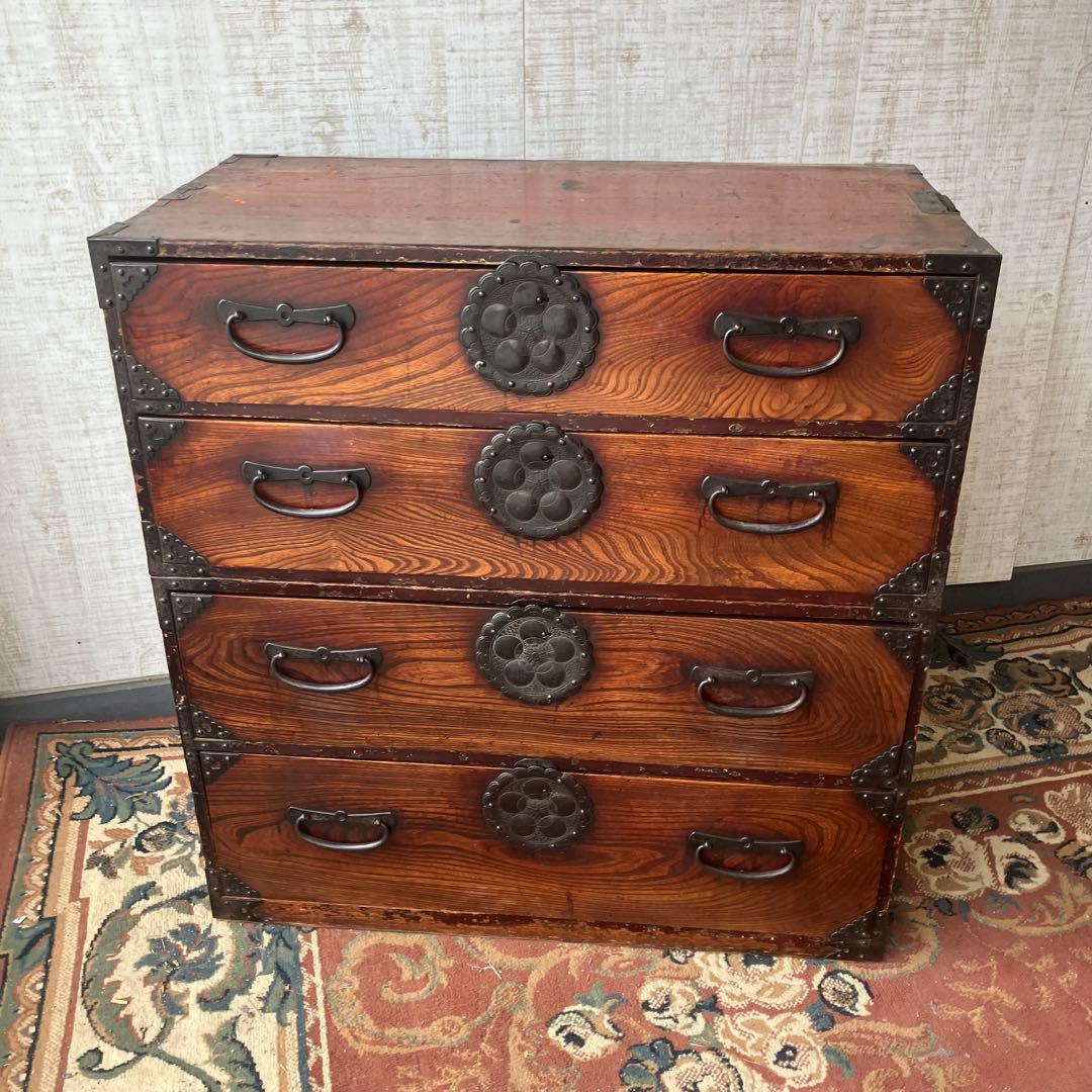 昭和レトロ 古家具 仙台箪笥 4段 引き出し箪笥 古家具 ビンテージ 団扇柄