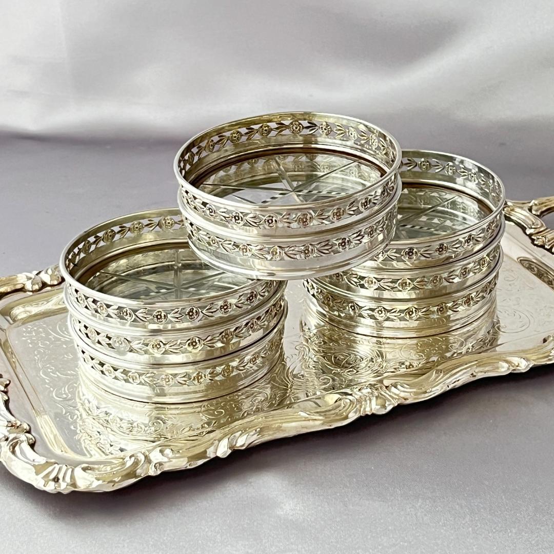 【BIRKS】 【純銀/ガラス】フローラルのコースター 8枚 スターリング