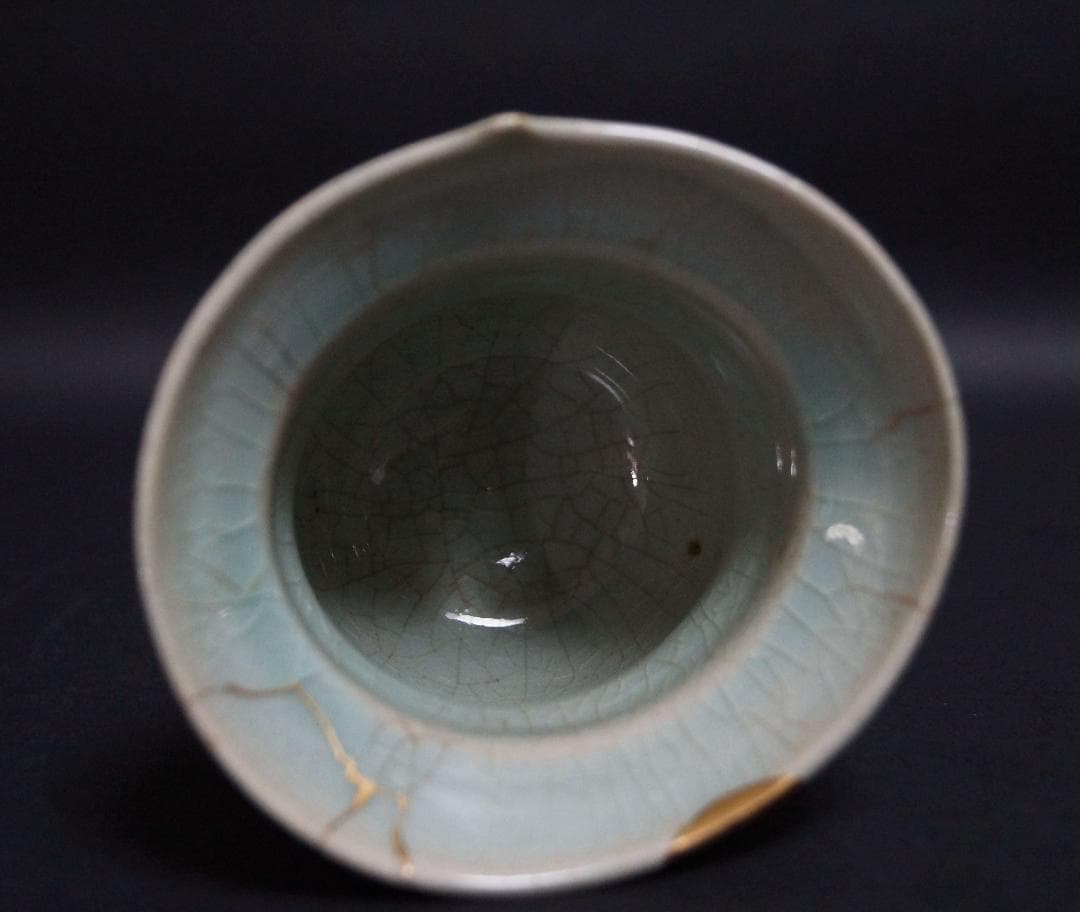 茶道具 李朝 高麗青磁象嵌『雲鶴文』広口香炉 三足 金継ぎ 書道具★