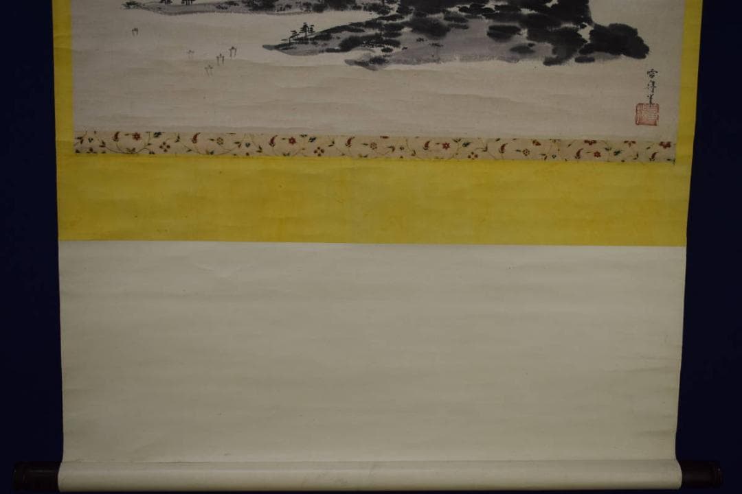 模写/雪舟/山水帆船画賛/中国画/桐題箱二重箱付/布袋屋掛軸HJ-380