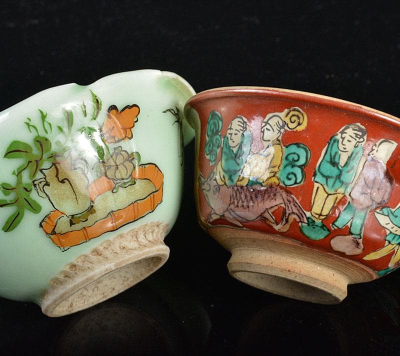 染付龍文　煎茶碗　五客　青木木米造　色絵人物文等　湯冷　四点　F　R4327