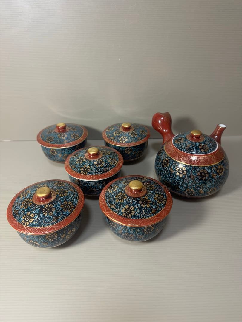 2086 九谷焼　青粒　茶器セット　急須1客　湯呑蓋付5客　金彩