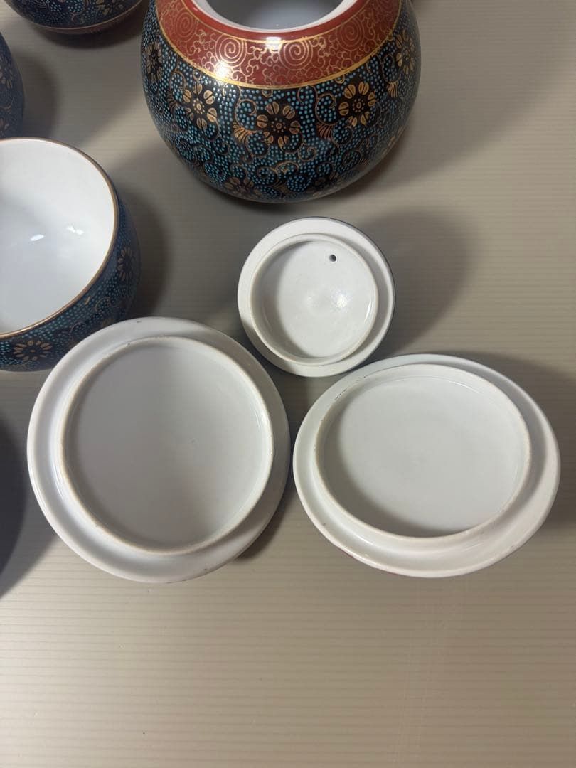 2086 九谷焼　青粒　茶器セット　急須1客　湯呑蓋付5客　金彩