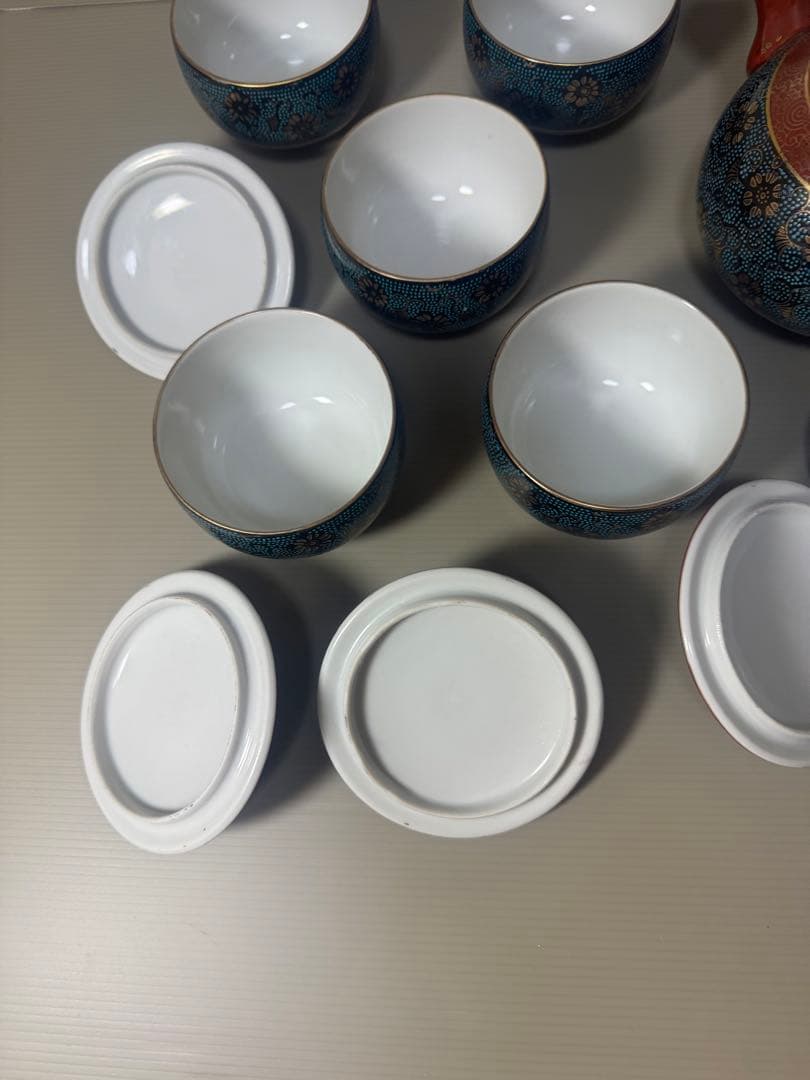 2086 九谷焼　青粒　茶器セット　急須1客　湯呑蓋付5客　金彩