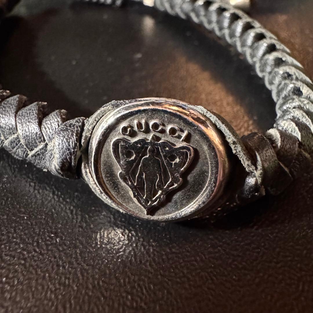 GUCCI グッチ クレスト エンブレム 編み込み レザー ブレスレット 925