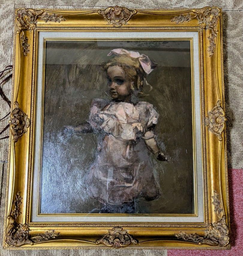 油彩 岩島雅彦 　絵画　アンティーク　金装飾額　少女　人形　油絵