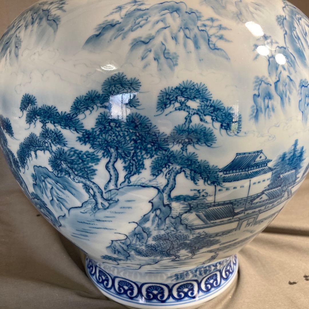 【松右衛門】古伊万里の伝統　日本の名窯　緒方松右衛門作　染付廻り山水絵　大花瓶